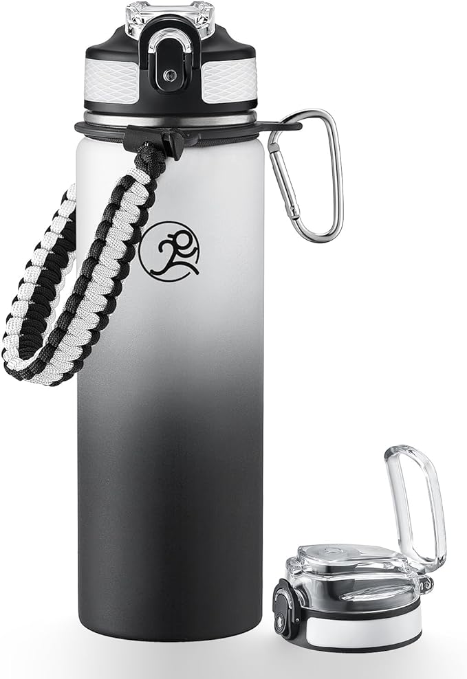 GOSWAG Insulated Sports Water Bottle, 24oz 2 Lids(with Straw/No Straw), Stainless Steel Water Bottles with Paracord Handle, Insulated Thermos with Double-Wall Vacuum Insulation