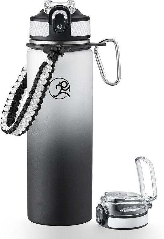 GOSWAG Insulated Sports Water Bottle, 24oz 2 Lids(with Straw/No Straw), Stainless Steel Water Bottles with Paracord Handle, Insulated Thermos with Double-Wall Vacuum Insulation
