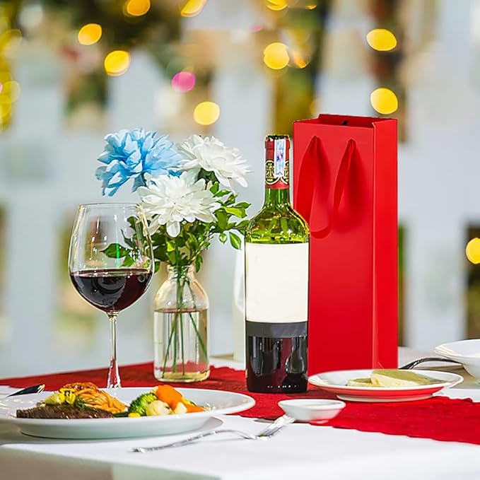 KEYYOOMY Wine Gift Bags - 10 Pack Red Kraft Paper Wine Bottle Gift Bags with Handles for Wedding Birthday Housewarming Christmas Party Supplies(10CT,13.8x4.3x3.5 IN,Red)