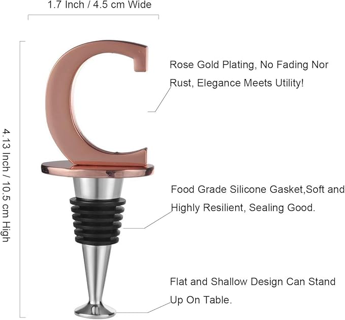 Wine and Beverage Bottle Stopper With Rose Gold Finish-Perfect Presents/Gift Idea for Valentines Day, Mothers Day, Fathers Day, Thanksgiving Day,C-Initial (Letter C)