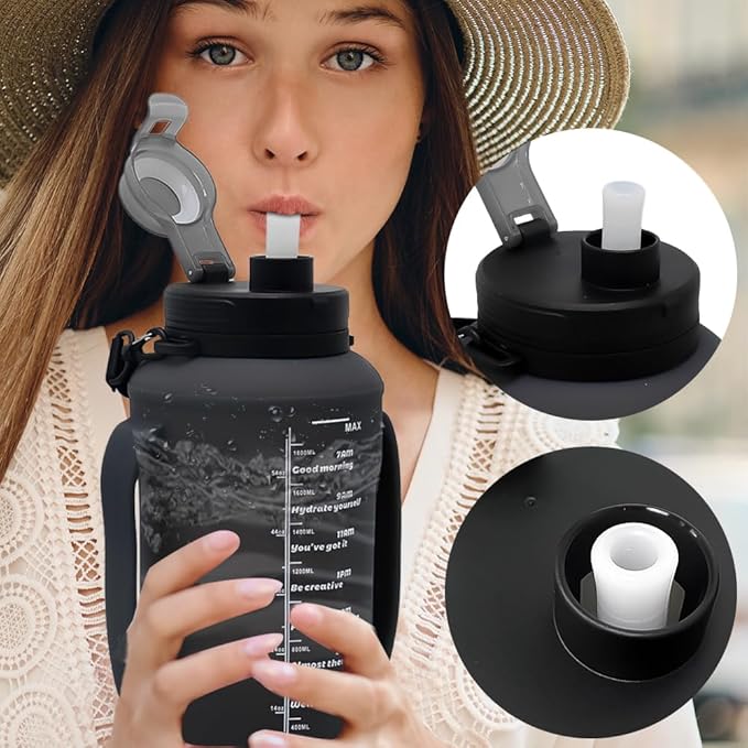 64oz Foldable Silicone Water Cups with Straw, BPA Free, for Outdoor Sports Water Bottle (Black)