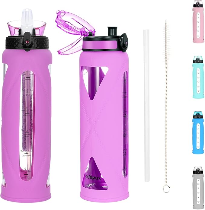 GOPPUS Glass Water Bottles with Straw and Flip Lid, Motivational Water Bottles with Time Marker Reminder and Silicone Sleeve, Leakproof, BPA Free (32 oz, Purple)