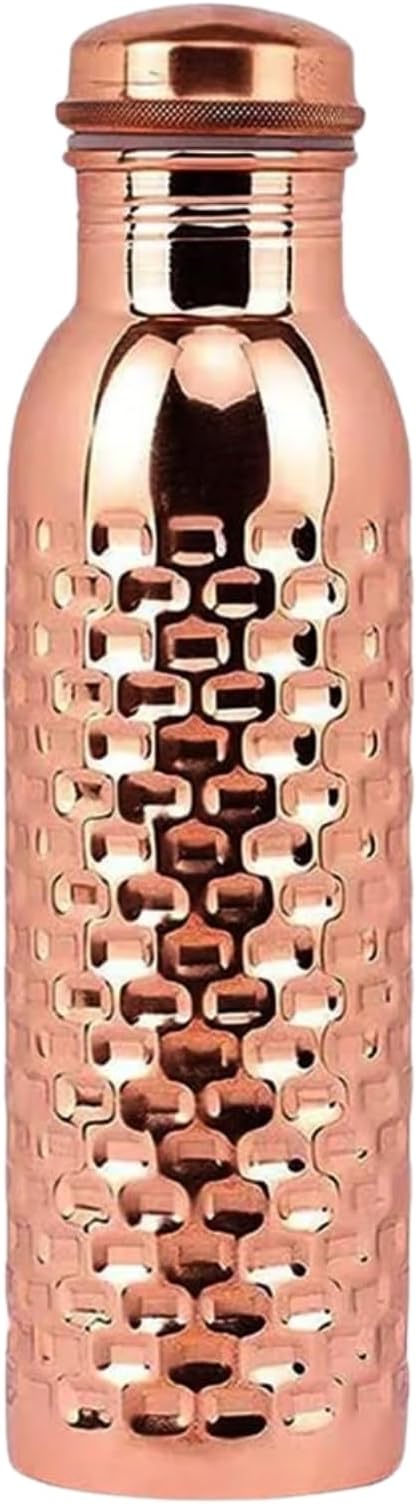 Pure Copper Metal Water Bottle - 32 oz - Indian Handmade Ayurveda Healing Drinking Water Bottle for Travel, Hiking, Gym, Office, Outdoor - Glossy Brick
