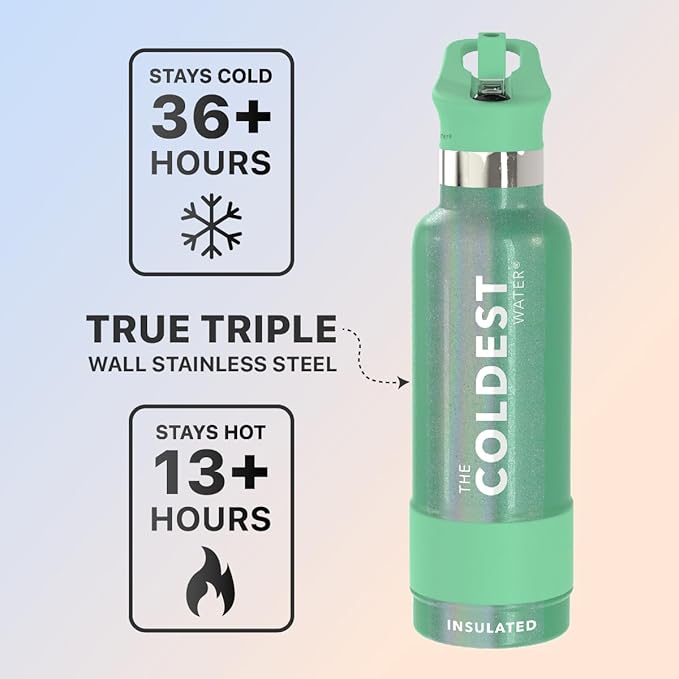 Coldest Water Bottle with Standard Mouth Straw Lid Metal Thermos Vacuum Insulated Stainless Steel l Reusable Leak Proof Cupholder Flask (21 oz, Green Aurora)