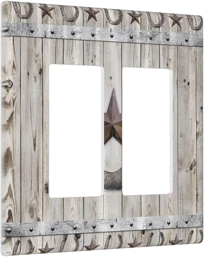 Rustic Western Wood Barn Door Horseshoe Iron Star 2 Gang Rocker Decora Light Switch Covers Dual Outlet Covers Wall Plate Decorative Switchplate Electrical Faceplate GFCI for Farmhouse Bedroom