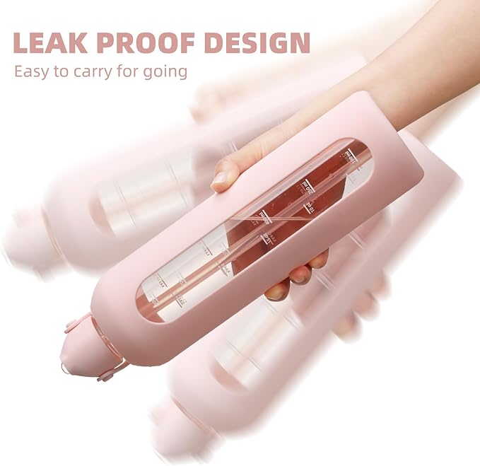 20 oz Glass Water Bottles with Straw Borosilicate Glass Water Bottle with Time Marker Motivational Water Bottles with Silicone Sleeve Leak Proof Reusable BPA Free