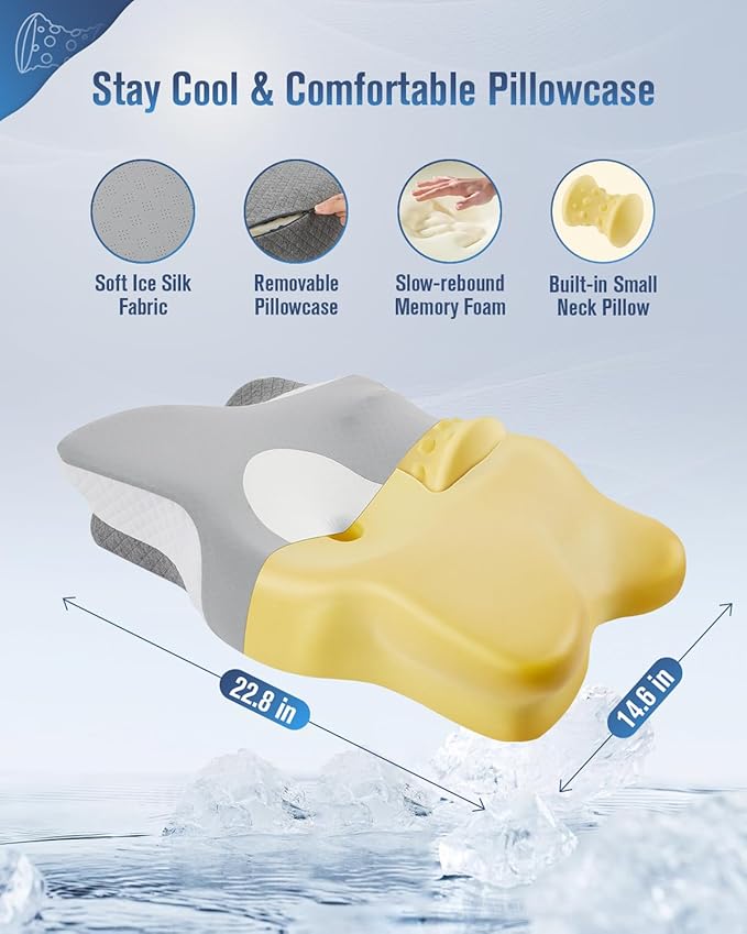 DONAMA Cervical Neck Pillow for Sleeping, Ergonomic Memory Foam Pillows with Built-in/Removable Small Neck Support Pillow, Contour Bed Pillows for Side Back Stomach Sleepers with Cooling Pillowcase