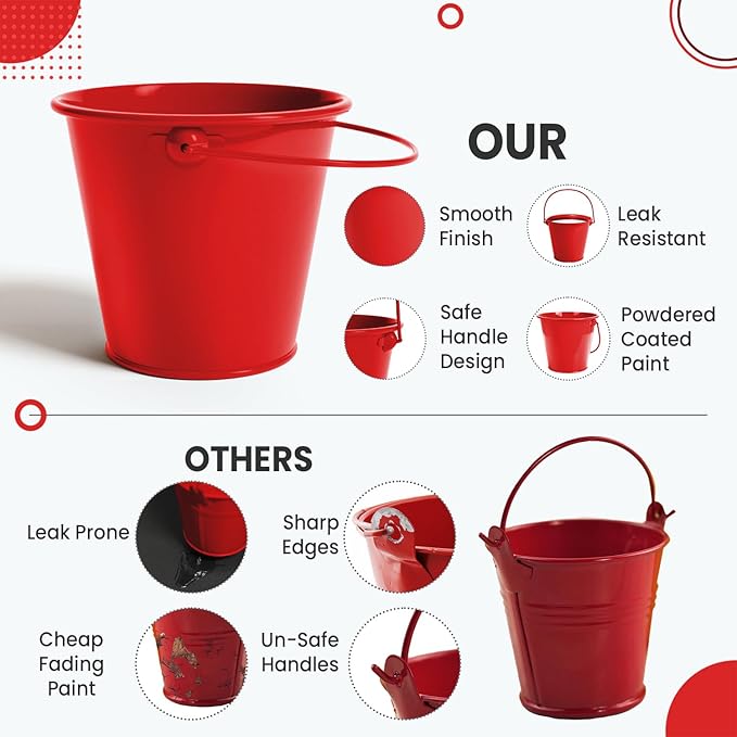 Small Metal Buckets with Handle 6 Pcs – Galvanized Bucket Leak Proof & Rust Resistant 48 fl oz Capacity - Best for Party Décor, Christmas & Decorating Classrooms (Red, Large 6.3" Top)