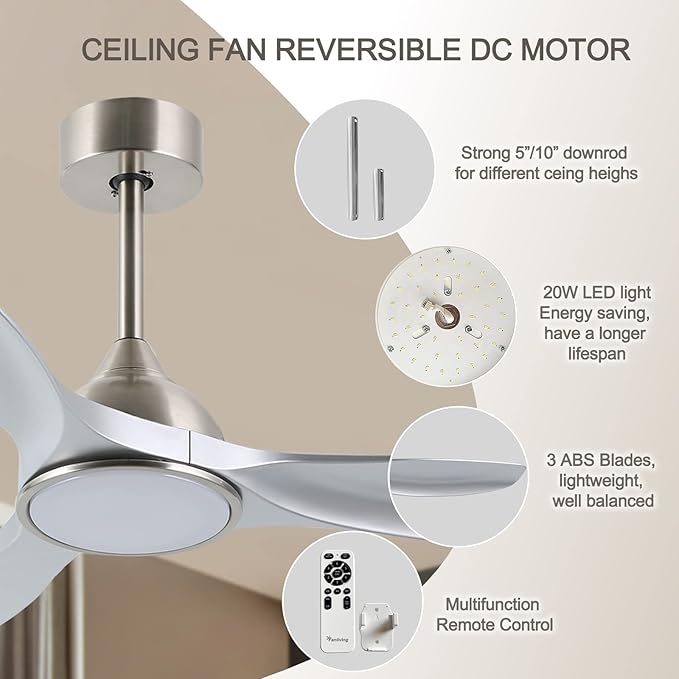 52 Inch Quiet DC Motor 6 Speed High CFM Modern Ceiling Fan with Lights Remote Control, 3 Blade Indoor Silver Ceiling Fan for Bedroom, Office, Living Room