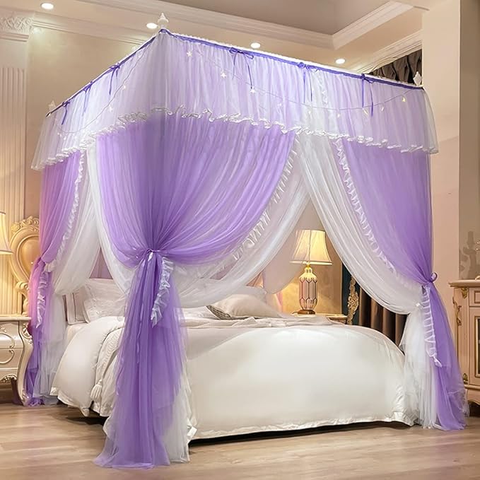 Mengersi Canopy Bed Curtains with Lights,4 Corner Bed Canopy Royal Luxurious Bed Drapes Netting,Princess Bed Curtains for Girls Adults Bedroom Decoration (Purple, Twin)