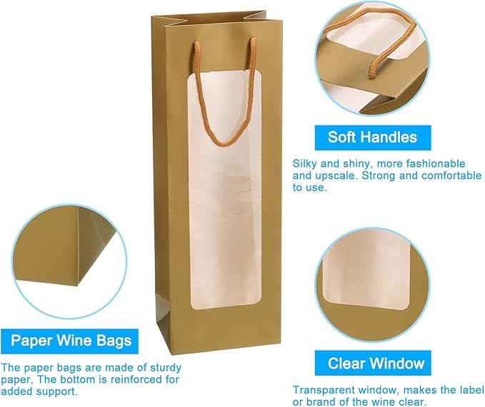 uxcell Wine Bags, 12pcs 4.92"x3.35"x14.2" Wine Gift Bags with Rope Handles, Paper Wine Tote Bag with Clear Window for Wedding Birthday Christmas Party Supplies, Gold