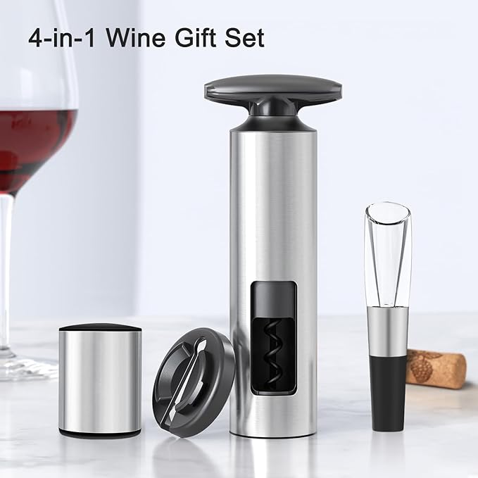 Self-Pulling Wine Opener Set, Twist Wine Corkscrew with Foil Cutter/Premium Vacuum Stopper & Wine Aerator Pourer, Eco-Friendly, Waiter Corkscrew, Manual Wine Opener Gifts(Stainless Steel)