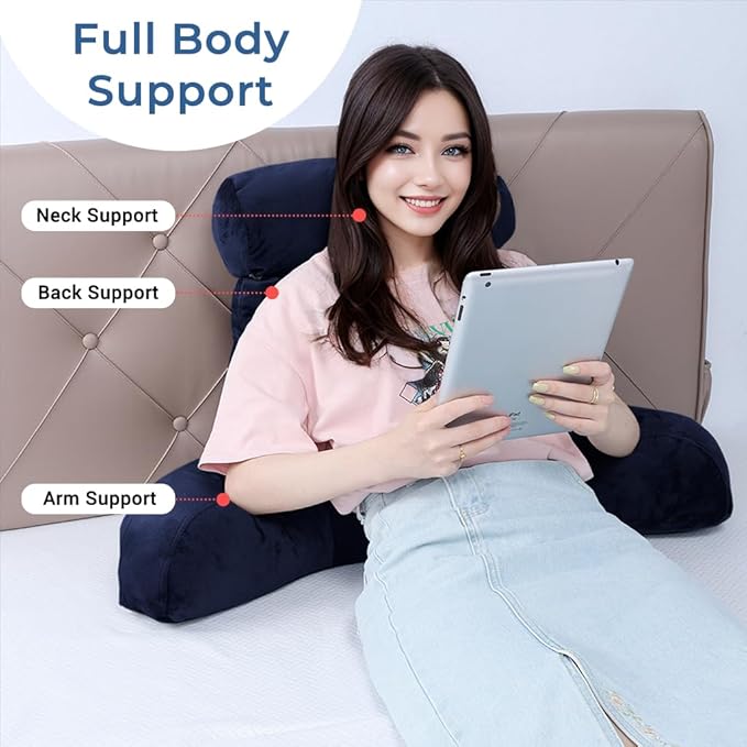 COOLBEBE Reading Pillow for Bed Backrest Pillow for Bed Sitting Up Adult with Arms Navy Back Support Pillow with Headrest & Pockets, Removable Washable Cover and Detachable Neck Roll(Standard 18")