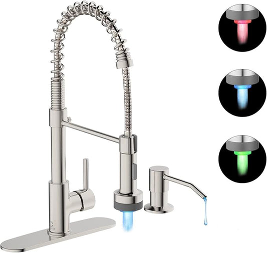 Kitchen Faucet with LED Light,Kitchen Faucet with Soap Dispenser,Faucet for Camper Farmhouse RV Kitchen Sink,Single Handle Stainless Steel Kitchen Sink Faucets with Pull Down Sprayer,Nickel Brushed
