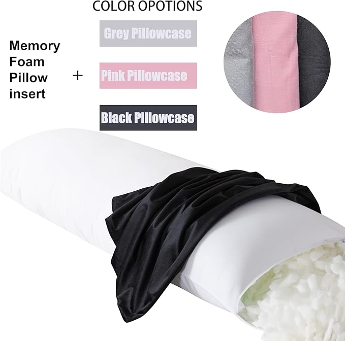Black Body Pillow for Adults Shredded Memory Foam Long Pillow for Sleeping Firm Hug Pillows Removable Cover for Side and Back Sleepers Full Pillow with Black Pillowcase