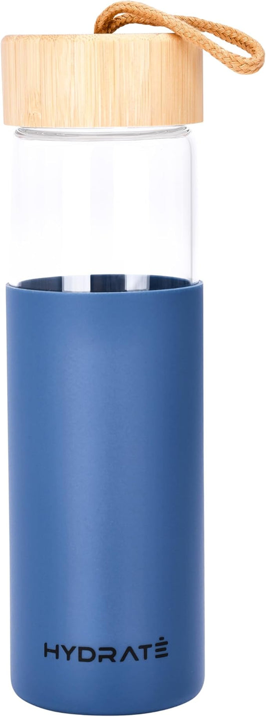 HYDRATE Glass Water Bottle, 25 oz - Gym Drinking Bottles with Slip Resistant Silicone Sleeve and Leak Proof Bamboo Lid - Clear Sports Bottle Made of Borosilicate Glass (10 x 3 inches, Blue)