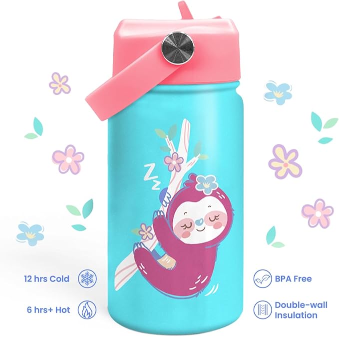 Sloth Water Bottle - Kids Water Bottle with Straw Lid - 12 Oz Insulated Stainless Steel Water Bottles for Toddlers Kid Girls - Travel Cup for School Sports