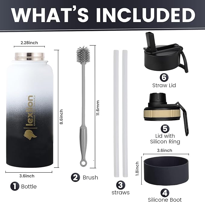 Water Bottle 32oz, Triple Walled Insulated Stainless Steel Reusable Bottle, Silicone Sleeve, Cleaning Brush, 2 Lids (Spout lid & Straw lid w/2 straw), Metal Mug Gallon, BPA Free, Day&Night