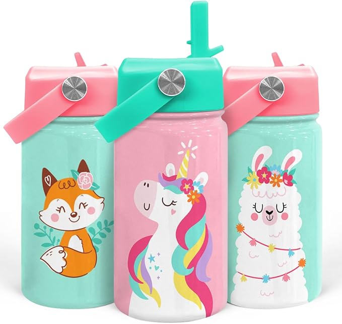 Unicorn Water Bottle - Kids Water Bottle with Straw Lid - 12 Oz Insulated Stainless Steel Water Bottles for Toddlers Kid Girls - Travel Cup for School Sports