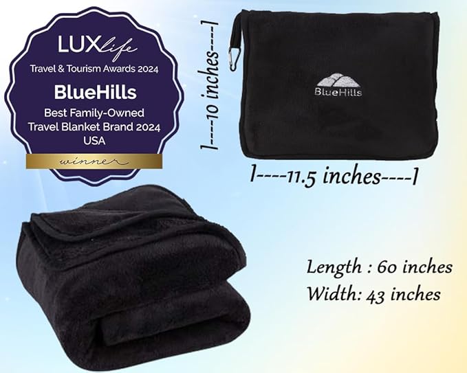 BlueHills 2-Pack Premium Soft Travel Blanket Pillow Airplane Blanket for Two in Soft Bag Pillowcase with Hand Luggage Belt and Backpack Clip, Compact Pack Large Blankets for Travel (Black T014)