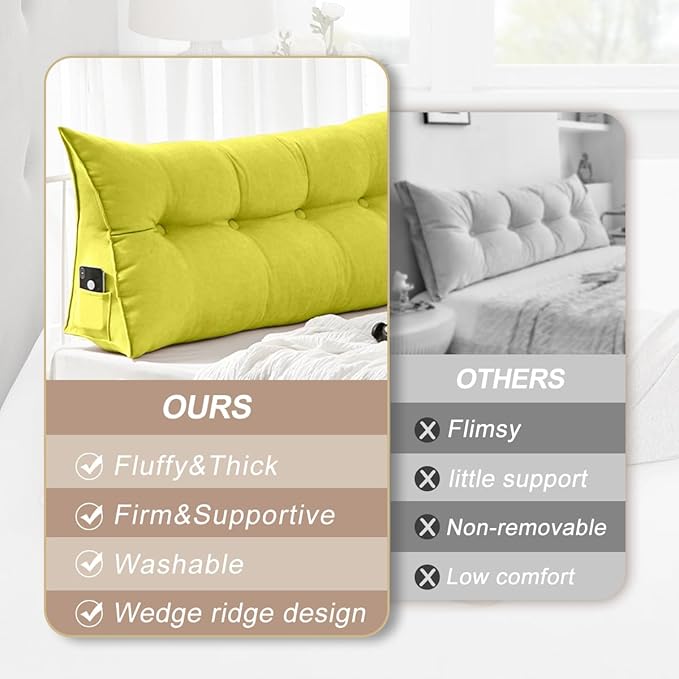 Large Triangular Headboard Pillows Long Backrest Positioning Support Bolster Cushion for Daybed Fluffy Quality Plush Body Wedge Pillow with Removable Cover(Yellow Green-Full-54x8x20in)