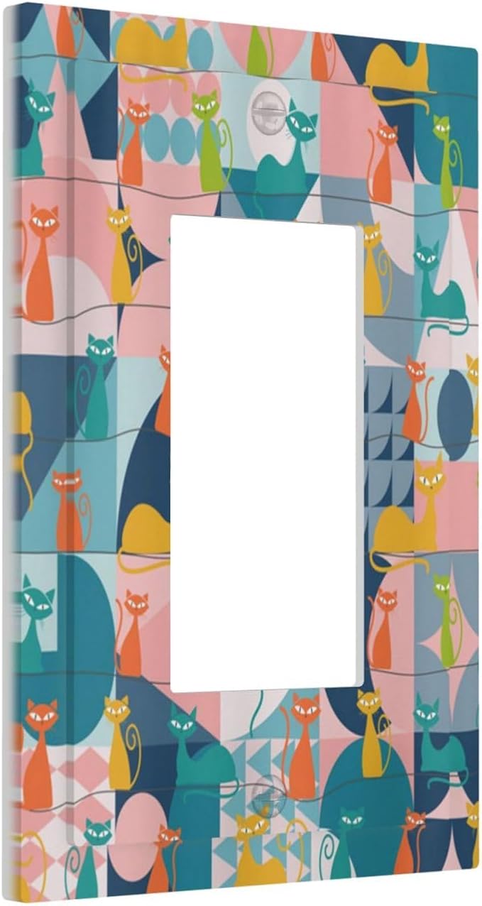 Mid Century Modern Atomic Cute Cats 1 Gang Rocker Light Switch Covers Single Decora Outlet Wall Plate Decorative Switchplate Faceplate GFCI for Kidroom Nursery Bedroom Decor