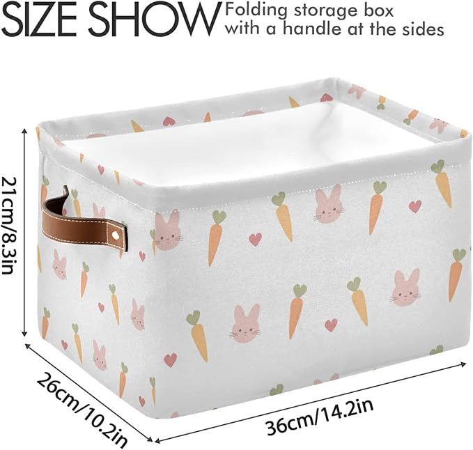 Carrots Rabbits Animal Pattern Storage Bin Collapsible Rectangular Storage Basket Large Fabric Storage Boxes Organizer 1PC with Leather Handles for Clothes Toys Books Kitchen Laundry