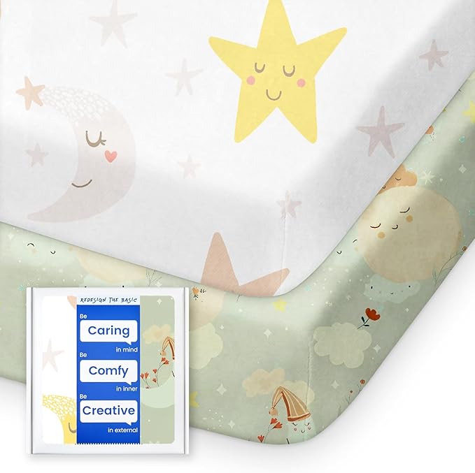 Cloud-Like Soft Pack N Play Sheets - Compatible with Graco, 4moms, Dream On Me, Baby Trend and Other 27 X 39/24 X 38 Inch Playard Mattress Pad, Jersey Knit Cotton, 2 Pack (Planet & Moon)