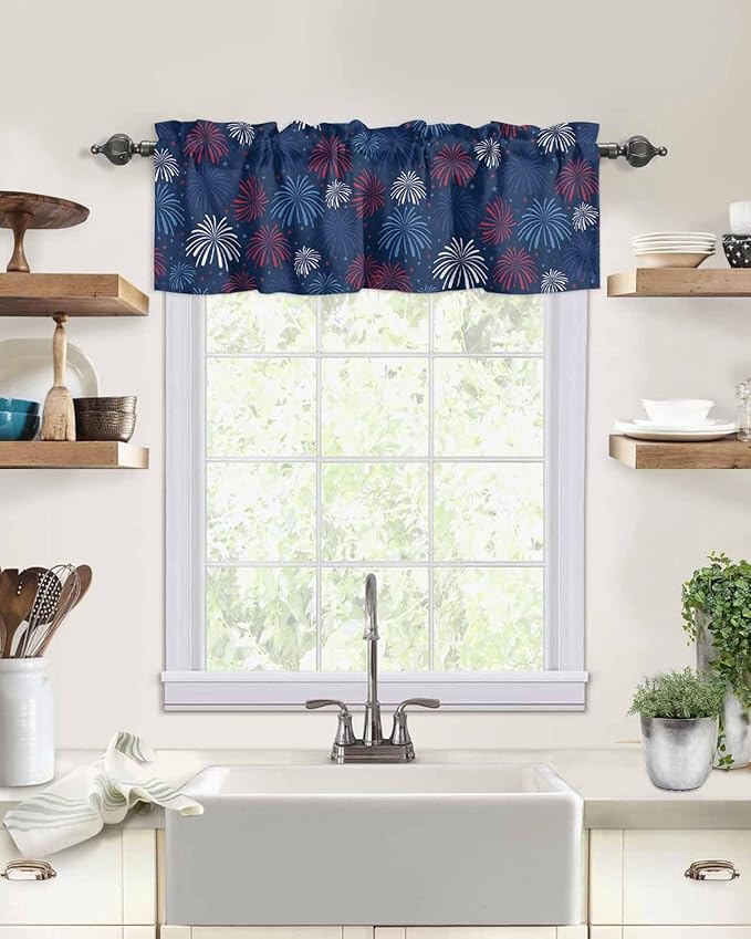 July 4th Kitchen Curtains Valances for Windows Fireworks Celebrate Patriotic Americana Stars Rod Pocket Window Treatment for Kitchen/Living Room/Bedroom/Bathroom, 42" X 18", Red, White and Blue