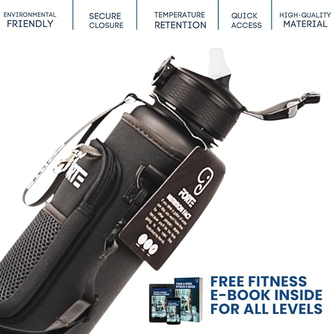 FORTE Plastic Water Bottle with Sleeve - BPA-Free Water Jug with Leak Proof Lid and Straw - Perfect for Gym, Office, and Everyday Use (Grey)