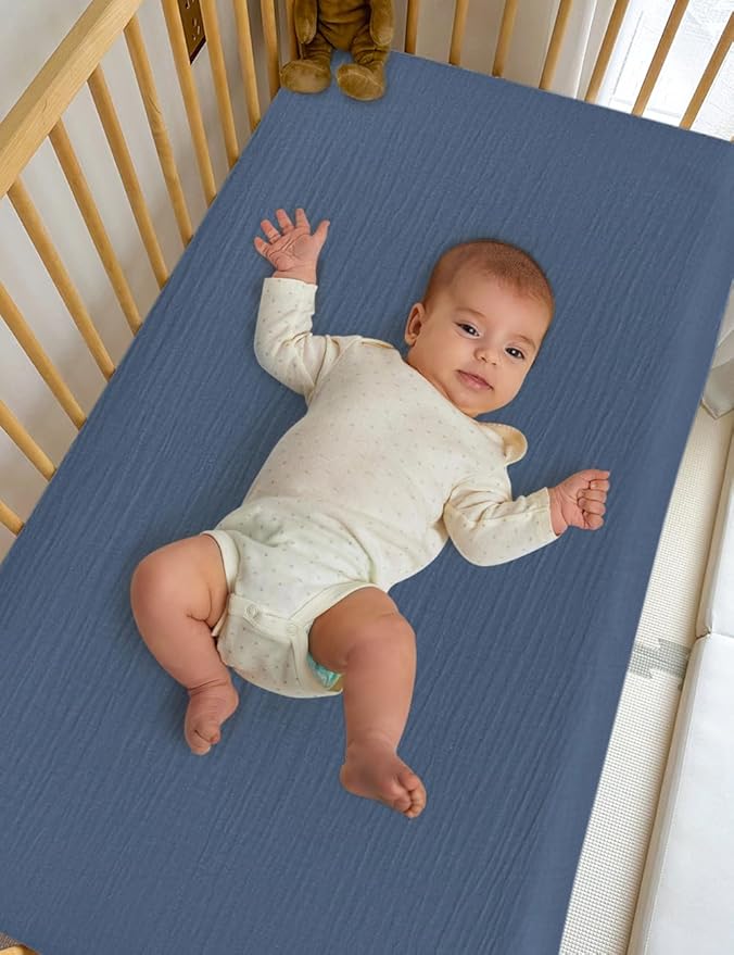 Dusty Blue Neutral Crib Sheets, Soft Muslin Baby Crib Sheets for Standard Crib Mattress, Breathable Neutral Cotton Crib Sheets (46C-09)
