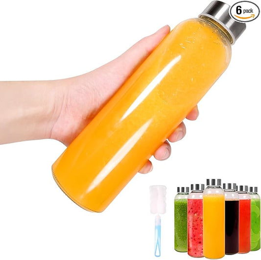 Clear Glass Water Bottles with Lids, BPA Free&Eco Friendly 100% Leak Proof,Reusable Juice Bottles Refrigerator, 18 Oz&Set of 6 (6)