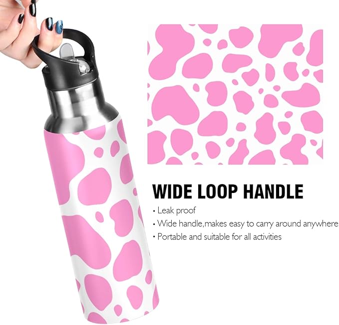 Qilmy Black and White Leopard Water Bottle Vacuum Insulated Stainless Steel Water Bottles with Straw Lid Leakproof Wide Mouth Water Flask for Fitness Outdoor Sports, 20 oz