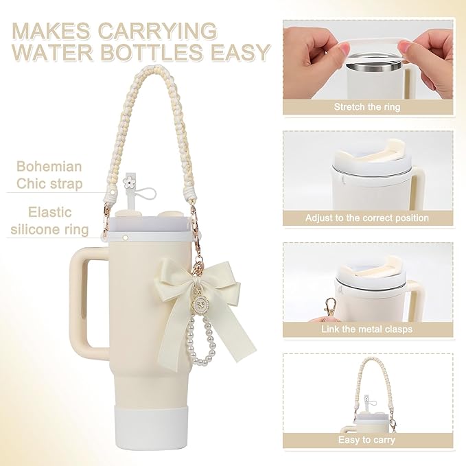Stanley Cup Accessories Set- Water Bottle Handle Strap, Stanley Cup Protective Silicone Boot, Bow Design Stanley Charms for Stanley Cup 40oz /30 oz Tumbler (white)