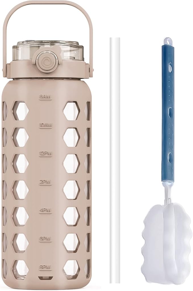 MUKOKO 56oz Glass Water Bottles with Straw and Lid,Motivational Water Jug with Time Marker Reminder and Silicone Sleeve,100% Leakproof BPA Free Fitness Sports Large Bottle-Amber