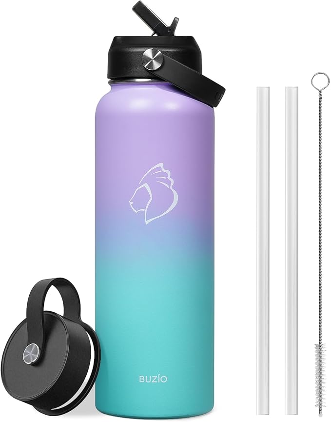 BUZIO 40oz Insulated Water Bottle, Stainless Steel Double Wall Water Flask (Cold for 48 Hrs) Leak Proof Sports Bottles Jug with Straw Lid Flex Cap Metal Canteen for Gym Travel Camping,Purple Green