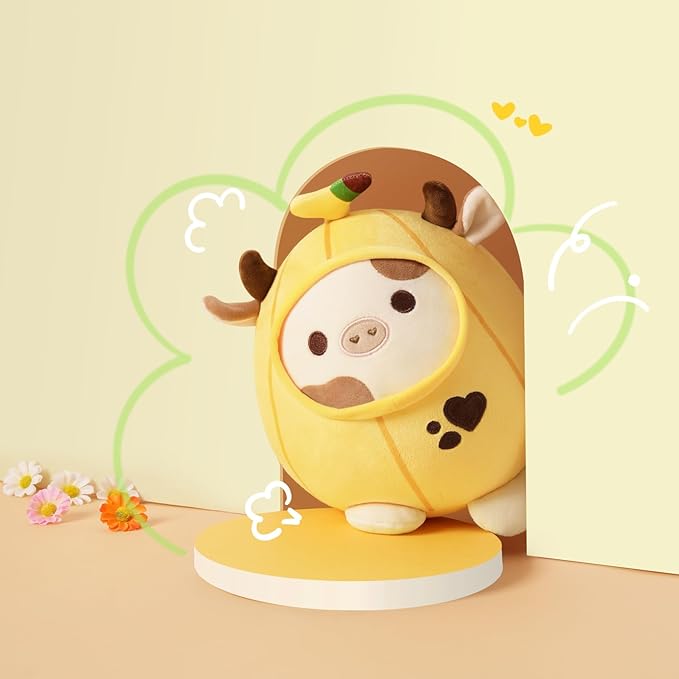 PEACH CAT Cute Banana Cow Plush Pillow Banana Cow Stuffed Animal Cow plushie with Banana Outerwear for Kids Yellow 8"
