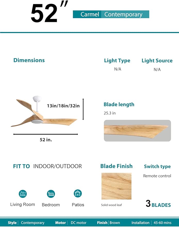 Sofucor 52" Ceiling Fan no Light, Outdoor Ceiling Fan Without Light Wood Ceiling Fan with Remote Control, 3 Blade Ceiling Fan with Quiet Energy Saving Motor, 6 Speeds, Burlyood