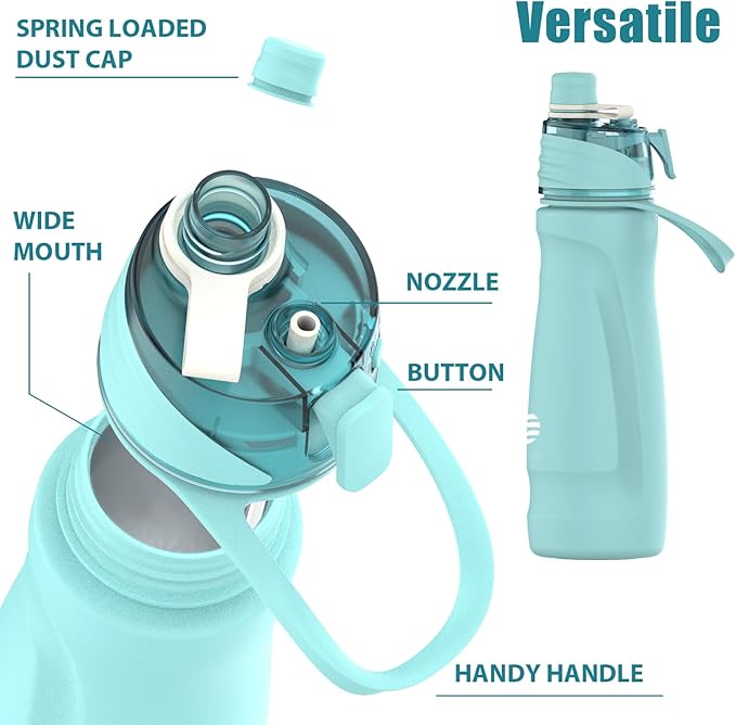 Misting Water Bottle, 24oz Insulated Water Bottle, 2-in-1 Mist & Sip Stainless Steel Water Bottles, Thermo for Hot Drinks/Cold Drinks, Sports Water Bottle for Hiking, Running, Gym, Teal Blue