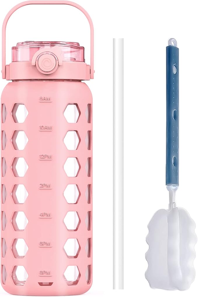 MUKOKO 56oz Glass Water Bottles with Straw and Lid,Motivational Water Jug with Time Marker Reminder and Silicone Sleeve,100% Leakproof BPA Free Fitness Sports Large Bottle-Pink