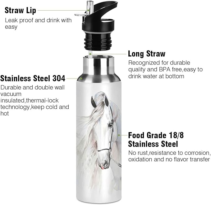 senya 34 Oz Water Bottle with Straw White Horse Stainless Steel Water Bottle for Traveling Sports Leakproof Insulated Water Bottle