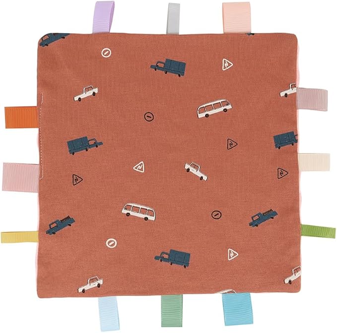 Baby Tags Security Blanket, Sensory Soothing Blanket with Tags,Dotted Backing Taggies Blanket for 3-12 Months Boys and Girls. (Car)