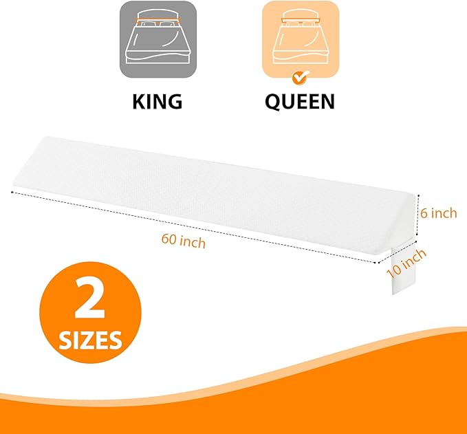 Queen Bed Wedge Pillow for Headboard, Bed Gap Filler, Mattress Gap Filler Queen, Fill The Gap (0-7") Between Headboard and Mattress (White, 60"x10"x6")