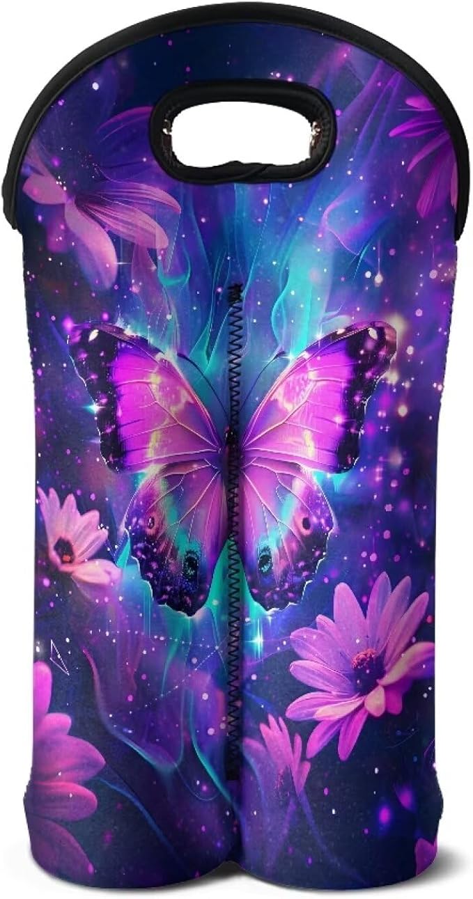 doginthehole Wine Bottle Travel Bag 2 Bottle Purple Butterfly Daisy Print Wine Carrying Tote for Women Wine Lover Champagne Carrier Bag Portable Neoprene Wine Tote for Travel, Picnic, Party