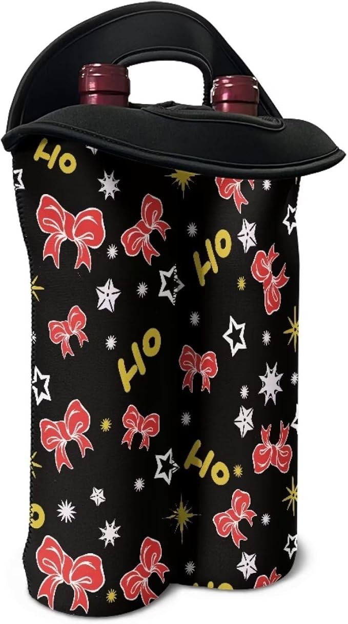 doginthehole Bowknot Print Wine Bag 2 Bottle Wine Tote Carrier Insulated Wine Cooler Bag for Travel Picnic Christmas Ho Ho Ho Portable Neoprene Wine Tote Holder Household Supplies Christmas Decor