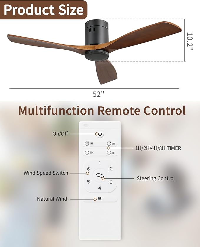 CACI Mall 52 Inch Flush Mount Wood Ceiling Fan without Light,Low Profile,Modern,6 Speed,3 Blades Timer,Remote Control,Quiet Reversible DC Motor for Berdrooms, Livingroom, Patios