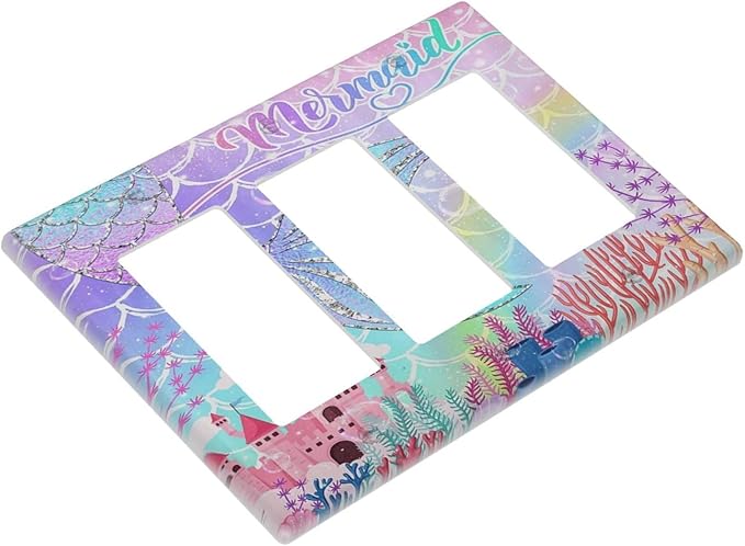 Silvery Glitter Cute Mermaid Tail Fantasy Castle 3 Gang Rocker Light Switch Covers Triple Outlet Wall Plate Decorative Switchplate Cover Faceplate GFCI for Kidroom Nursery Bedroom Kitchen Decor