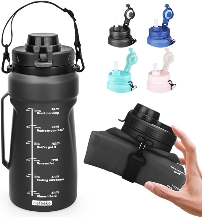 Nefeeko Collapsible Water Bottles, 1.5L Reusable Collapsible Water Bottle for Travel Leakproof, BPA Free Foldable Silicone Water Bottles with Straw for Traveling Sport Gym Camping Hiking