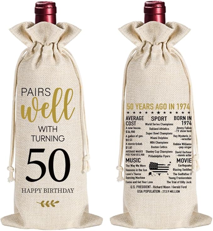 Qubereeree 50th Birthday Gifts for Women Men Funny 50 Year Ago in 1974 Birthday Party Decorations Wine Bags for Mom Dad Grandma Coworker, 50 Year Old Birthday Gifts Vintage 1974 Wine Bag-2