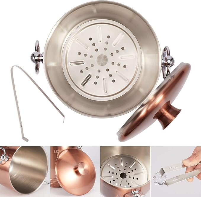 Ice Bucket with Lid, Double Wall Stainless Steel insulated ice bucket, Champagne Bucket, Wine Bucket for parties, cocktail bar, Copper, 3L